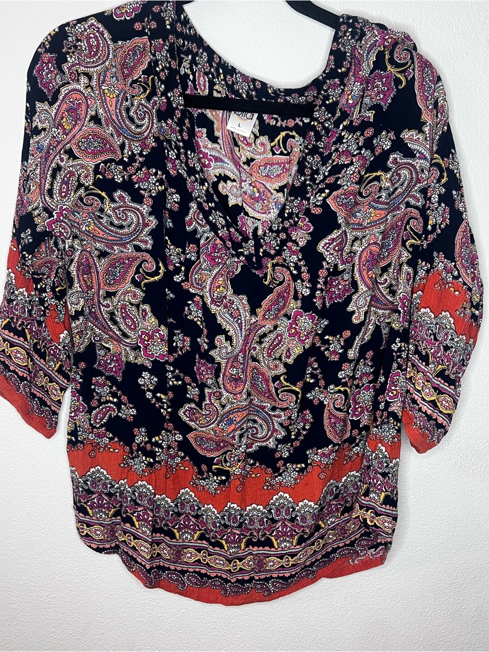 Bila Navy Paisley V-Neck Blouse with Coral Accents-114